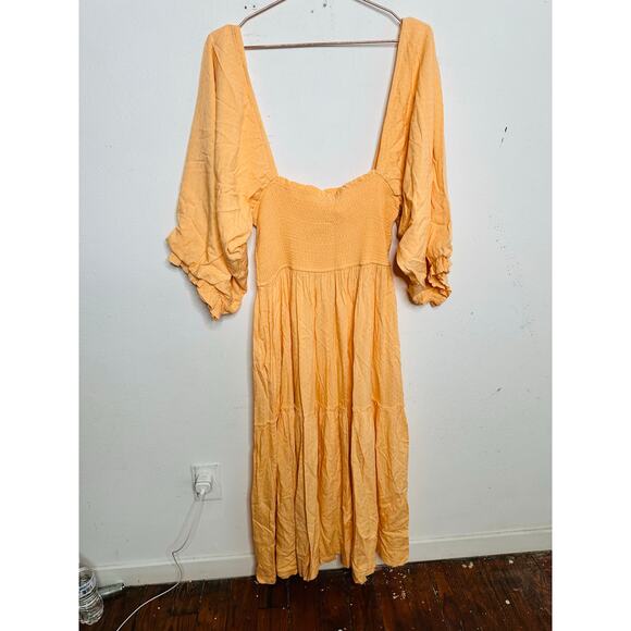 LOUNA Orange Square Neckline Puff Sleeves Chic Flowy Midi Dress size Medium - Picture 4 of 13